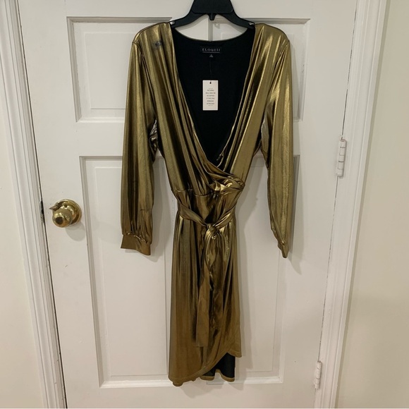 Eloquii Metallic Gold V Neck Belted Wrap Dress Plus Size 18 NWT - Picture 1 of 16